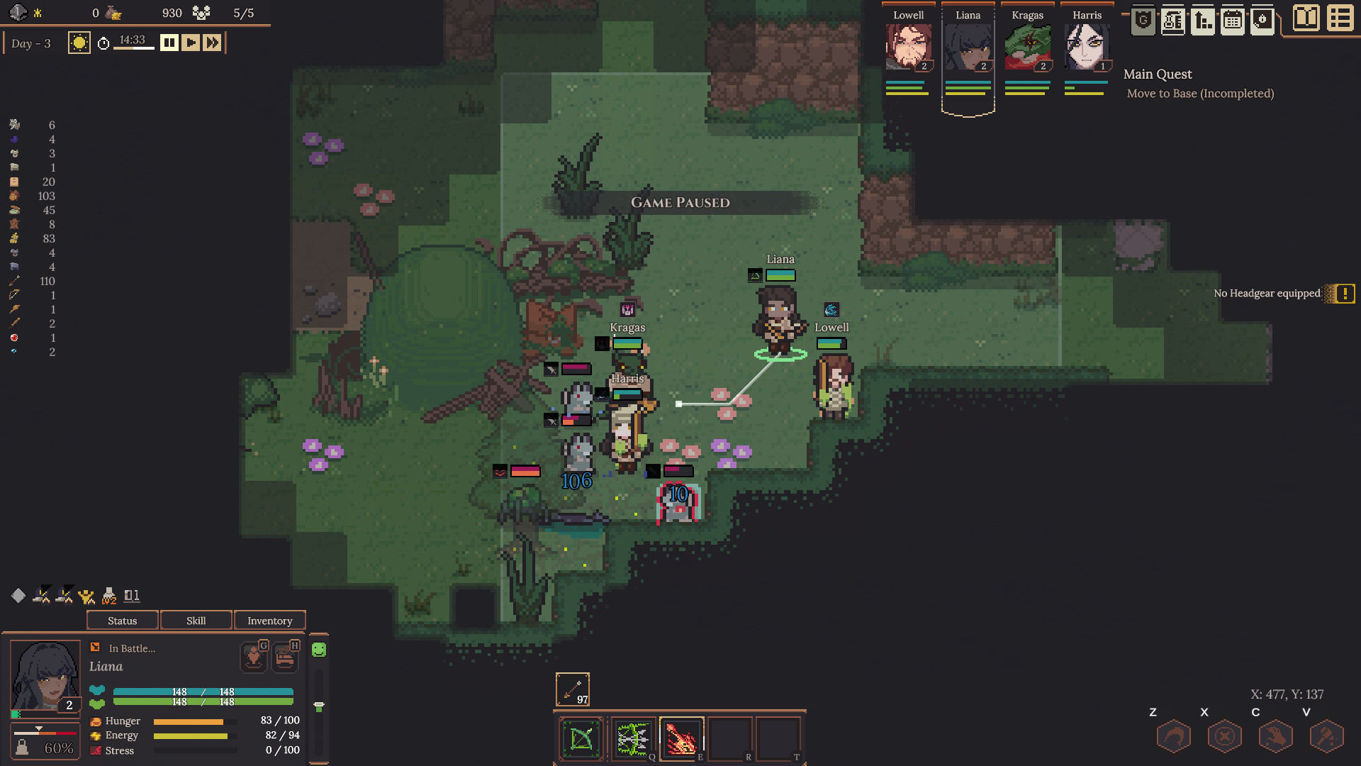 Dungeon Settlers party in paused tactical combat shown in an official Steam screenshot
