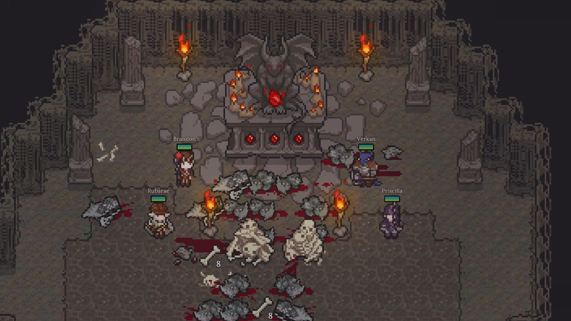 Four Dungeon Settlers party members facing a dungeon altar in an official Steam screenshot