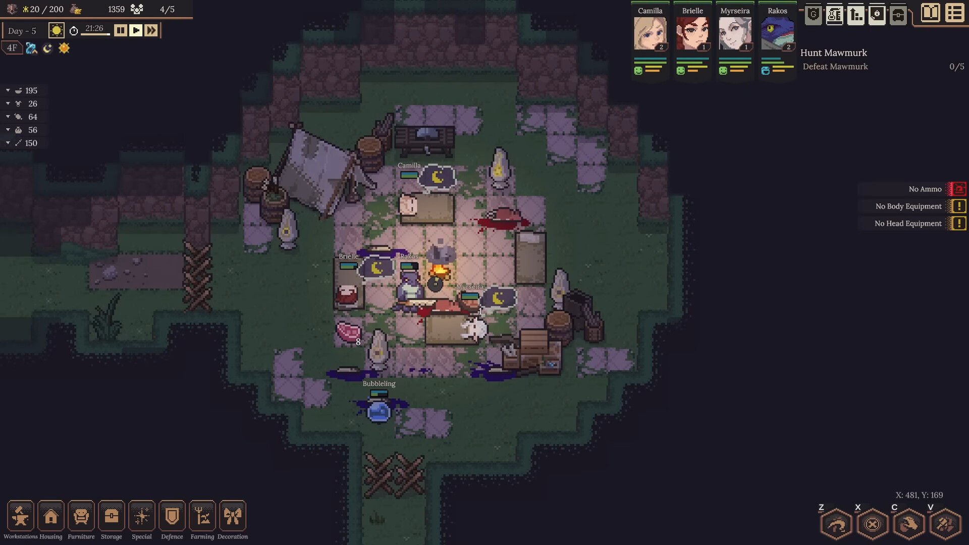 Dungeon Settlers expedition camp and building interface shown in an official Steam screenshot