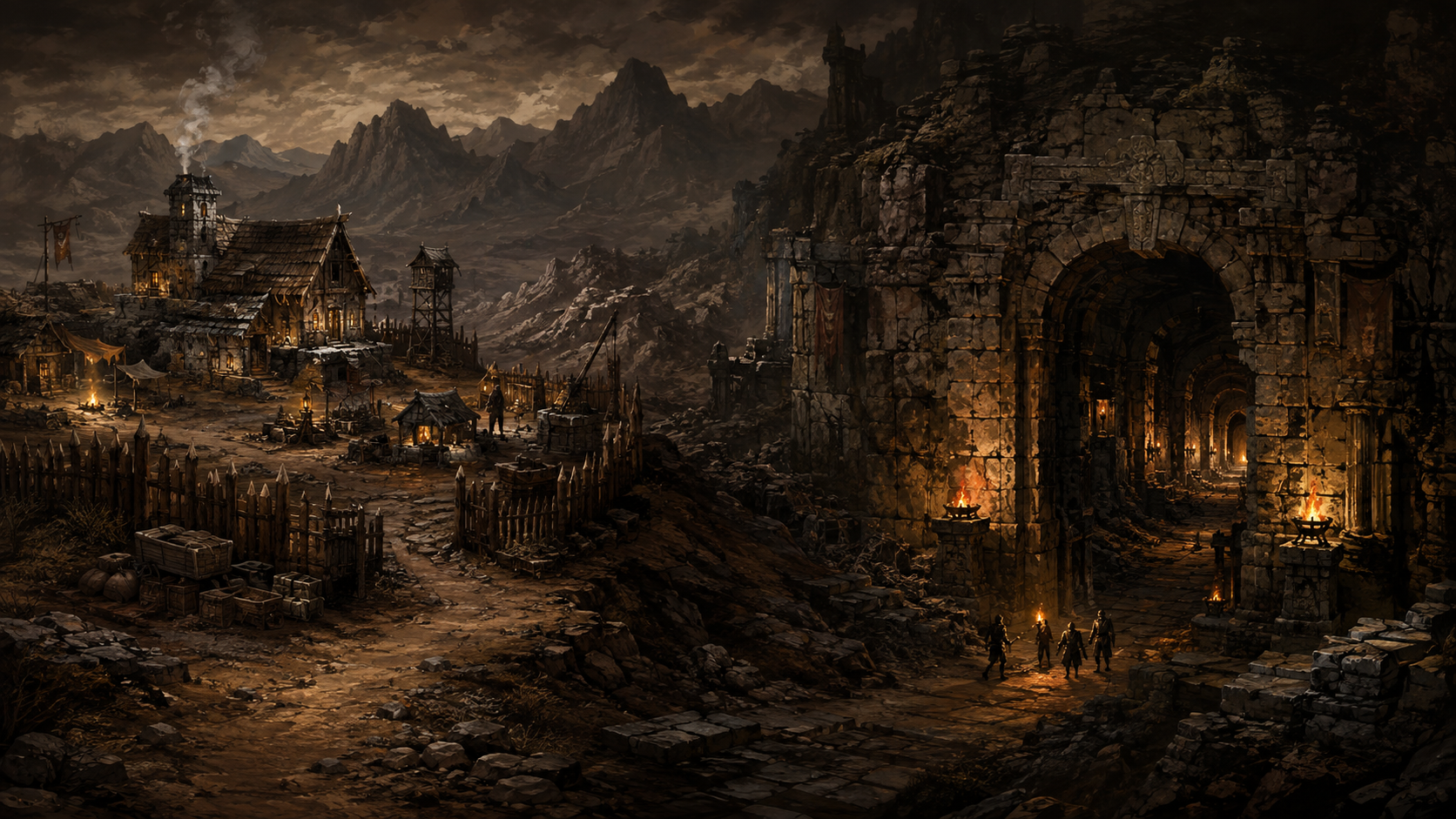 AI-generated fantasy settlement and torch-lit dungeon atmosphere illustration, not gameplay.